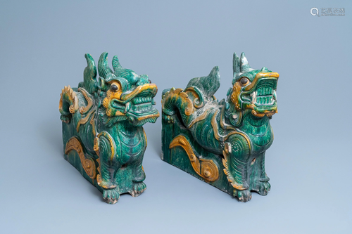 A pair of large Chinese sancai-glazed dragon roof