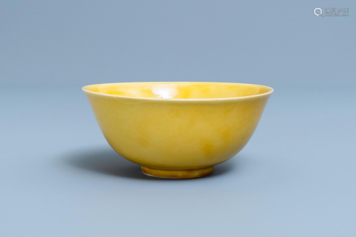 A Chinese monochrome yellow bowl, Jiajing mark, 18…