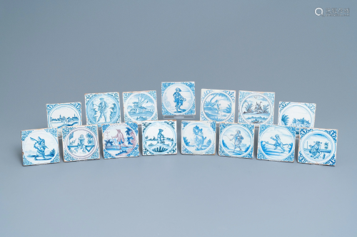 Fifteen blue, white and manganese Delft style tiles,