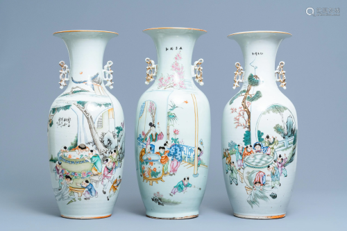 Three Chinese famille rose vases with boys near fish