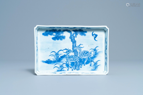 A Chinese blue and white rectangular tray with …