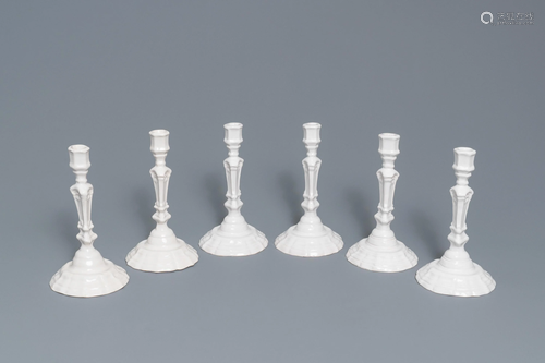 A set of six white Delftware candlesticks, France…