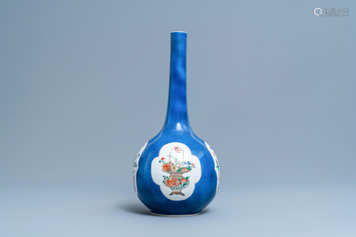 A Chinese famille verte powder blue-ground bottle vase,