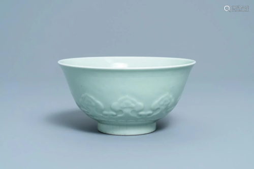 A Chinese moulded monochrome celadon bowl w…