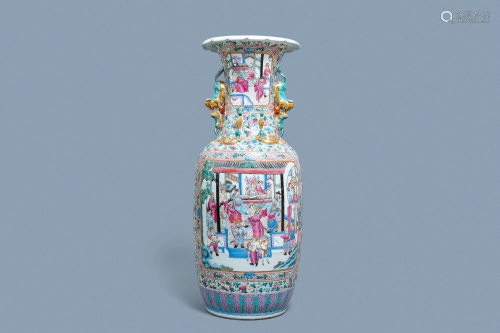 A large Chinese famille rose vase with a court scene