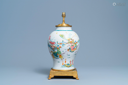 A Chinese gilt bronze lamp-mounted famille rose