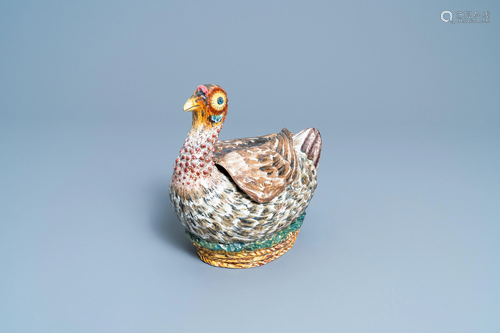 A polychrome French faience 'duck' tureen and co…