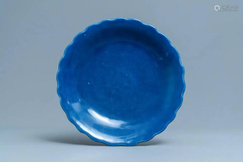 A Chinese monochrome blue lobed dish, Qianlong ma…