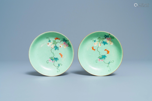 A pair of Chinese famille rose lime green-ground