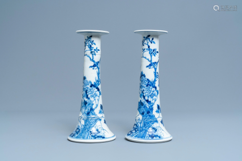 A pair of large Chinese blue and white candlesticks,