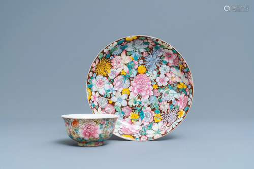 A Chinese famille rose 'millefleurs' plate and a bowl,