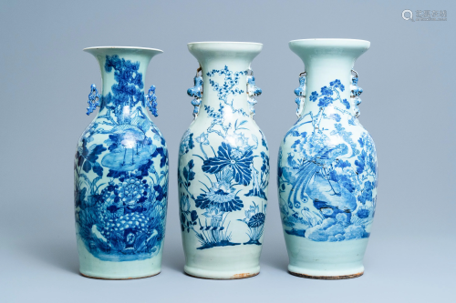 Three Chinese blue and white celadon-ground vases, …