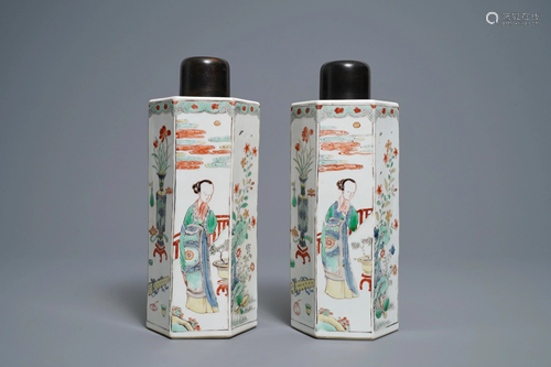 A pair of Chinese hexagonal famille verte tea c…