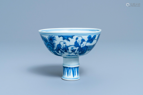A Chinese blue and white 'playing boys' stem cu…