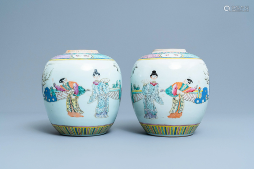 A pair of Chinese famille rose jars with narrative