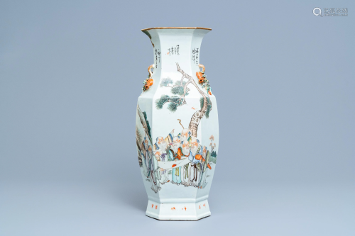 A Chinese hexagonal qianjiang cai vase with scho…