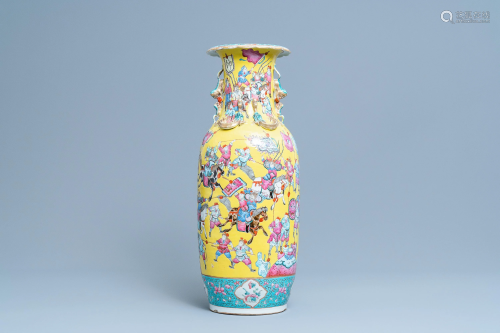 A Chinese yellow-ground famille rose 'warrior' vase,