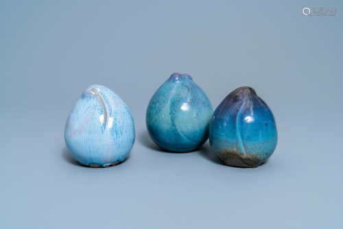 Three Chinese flambe-glazed shiwan models of pea…