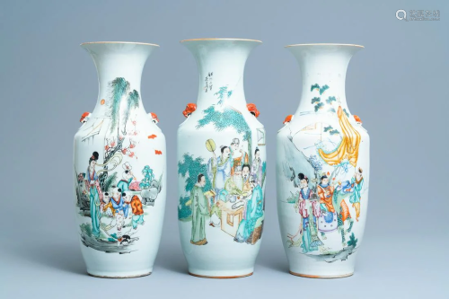 Three Chinese famille rose vases with narrative sce…