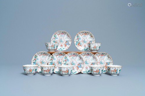 Seven Chinese famille rose cups and saucers, Xianf…