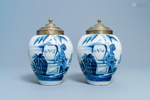 A pair of Dutch Delft blue and white tobacco jars …