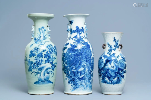 Three Chinese blue and white vases with birds among