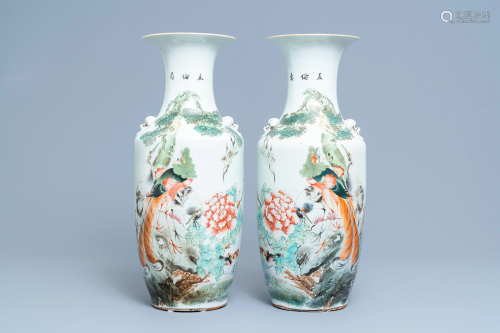 A pair of Chinese qianjiang cai vases with bir…