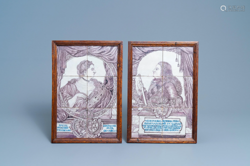 A pair of Dutch Delft tile murals with portraits of
