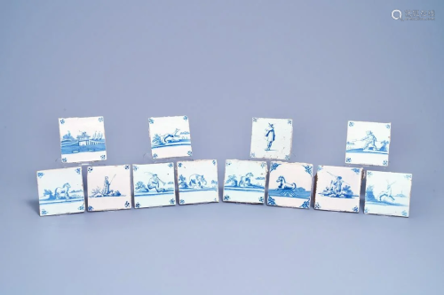 Twelve blue and white Dutch Delft and Ghent tiles,