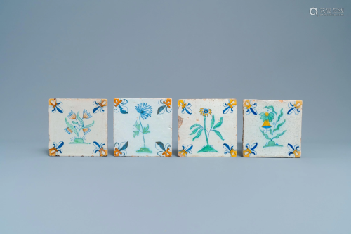 Four polychrome Dutch Delft 'flower' tiles, 1st half