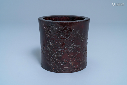 A Chinese carved zitan wood brush pot with a