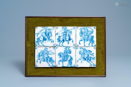 Six Dutch Delft blue and white 'horserider' tiles,