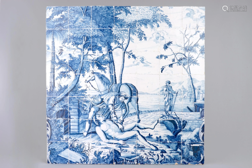 A blue and white Dutch Delft 'The Good Samaritan' tile
