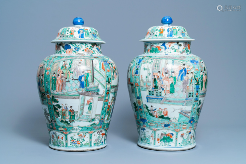 A pair of large Chinese famille verte vases and covers,