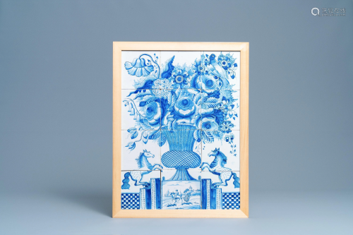 A blue and white tile mural with a flower vase, Ma…