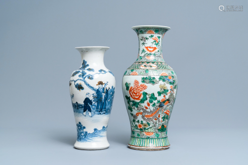 A Chinese famille verte vase and a blue and white v…