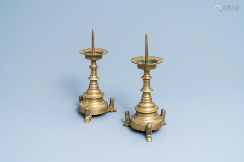 A pair of Flemish or Dutch bronze candlesticks, 16…