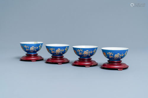 Four Chinese blue-ground bowls with floral desi…