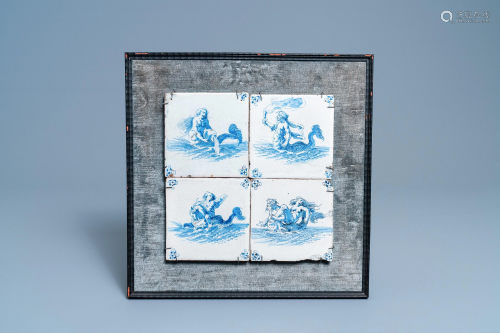 Four Dutch Delft blue and white tiles with sea