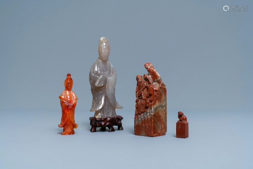 Two Chinese carved agate figures and two Shoush…
