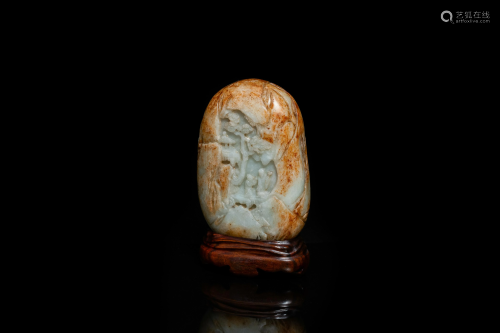 A Chinese celadon and russet jade boulder carving, …
