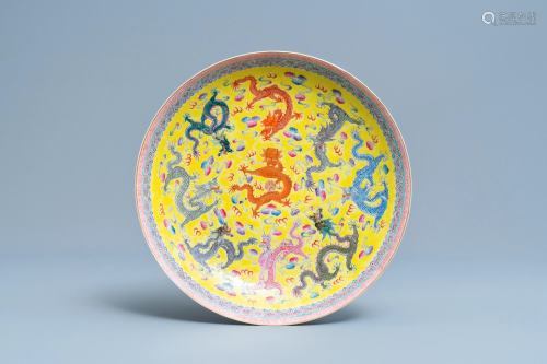 A Chinese famille rose yellow-ground 'dragon' dish,