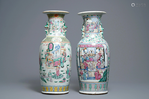 Two Chinese famille rose 'court scene' vases, 19th C.