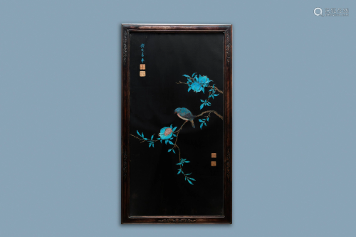 A Chinese black silk-ground panel with a kingfisher