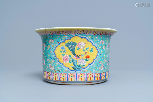 A Chinese turquoise-ground famille rose jardiniere,
