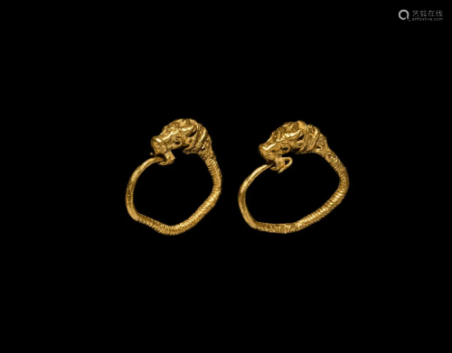 Greek Gold Lion Earring Pair