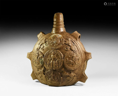 Medieval Glazed Stoneware Armorial Gourd Flask