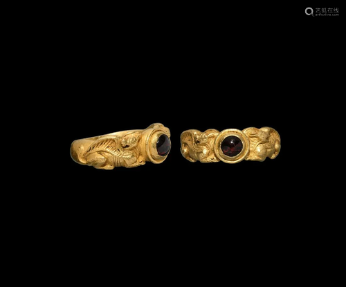 Medieval Gold Ring with Garnet and Griffins