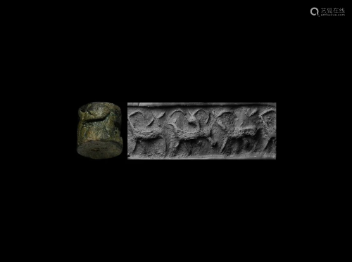 Syrian Bronze Cylinder Seal with Horned Beasts