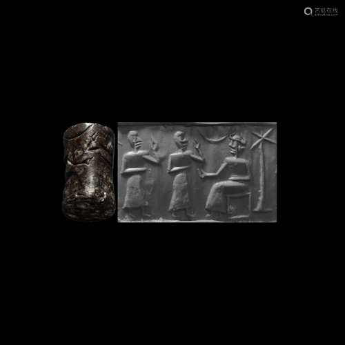 Akkadian Cylinder Seal with Deity and Worshippers